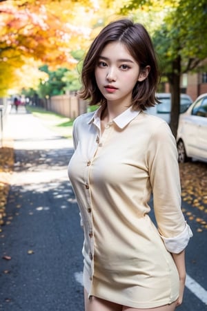 1girl,((Natural Portrait)),(Top Quality, Masterpiece), Realistic, Ultra High Resolution, Complex Details, Exquisite Details and Texture, Realistic, Beauty, korean College Student, Thin and Long Body, officelady Uniform, no panties, short hair, round face, on street, autumn, ,ssinz7,realhands