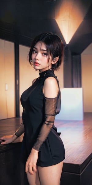 90’s Japanese film poster style, (masterpiece),(Satomi) , perfect anatomy, ((modern fashion one-piece dress)), dim light, muted color, (ultra detailed background of modern interior in a dark black room) ,(short hair),Sexy,girl,perfect,Enhance, FUJI, Satomi,Sexy Pose