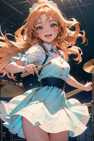 A close-up shot of a sweet-faced anime girl wearing a sparkly outfit, Drums on stage, Her long hair bounces with each hit as she plays a lively rhythm, her eyes shining with excitement. Soft pastel colors and whimsical lighting create a dreamy atmosphere, while the composition emphasizes her joyful energy.