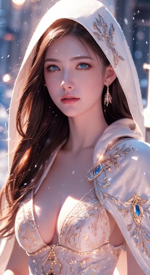 ((Photorealistic close-up of a mysterious woman in a dark, snow-dusted cloak, ))Her pale skin and pink lips standing out against the cold, wintry background, with her eyes reflecting the soft light of the snow-covered landscape cinematic lighting, extremely intricate detail character, accurate depiction of character, correct body anatomy, correct hands and fingers, extremely intricate skin and facial skin texture detail, lifelike potrayal, extremely realistic lighting, extreme dynamic pose. Extremely sharp detail without blurring