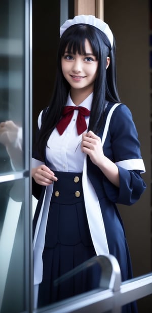 masterpiece, best quality,  a girl in a spaceship, mob cap, navy blue maid uniform, large breasts, juliet sleeves, black hair, little smile and look at space through windows,8k, details picture, Nikon, Canon 80mm, realistic photo, 23years old