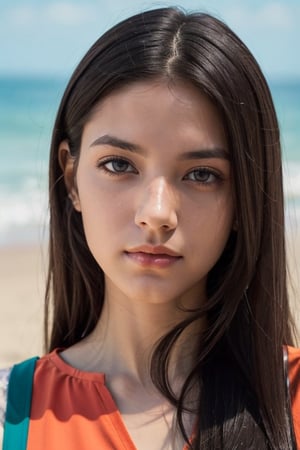 photo of a Top model Brazilian teenage, gorgious, soft skin,  symmetrical, at summer, whole body, at the beach, perfect detail ,  looking at viewer, make up, tanned skin, hairstyle is long straight black hair, 
soft studio lighting, highly detailed face, from side, photo realistic, (looking into camera:1.7),