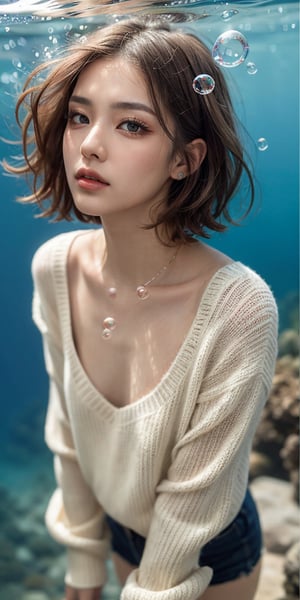 1girl, solo, looking at viewer, short hair, blue eyes, brown hair, black hair, collarbones, parted lips, water, lips, white sweater, sunlight, bubbles, underwater, ((small bubbles)), red balloons,pantypull
