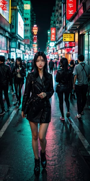 Jet black hair contrasting with neon highlights, eyes capturing the bustling energy of a city at night. Skyscrapers and traffic lights framing her silhouette,Hong Kong Old District