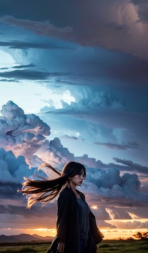 (masterpiece, best quality), Picture a vast grassland where a girl stands,her expression emotionless,eyes fixed on the horizon where a storm brews under a gloomy sky. The strong winds set her hair into a wild dance,adding dynamism to the somber scene. The distant storm seems to mirror her inner turmoil, creating a narrative that's haunting yet beautiful. As the storm draws nearer, one wonders about the thoughts swirling in her mind, features dramatic and cinematic lighting. The image is in 8K,ultra-HD, super-resolution, offering a glimpse into a moment of intense emotion and natural power,
