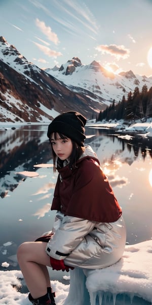 An icelandscape (mountain background, with rocks and snow, clouds are ragged, with soft yet dramatic red colours (natural red color of sunset, yet sun is not seen)).
scenery (Landscapes, Macro Photography, Hybrid Styles, Masterwork, absurdres, DSLR, White Balance Auto, Exposure Compensation, doom and gloom)
In the front of the picture a small girl looking into the a frozen lake in ice (she is sitting in the snow, you see his back, her head bowed lookind the ice on the lake) 
the lake is big central in the image, take most space
,Night scene