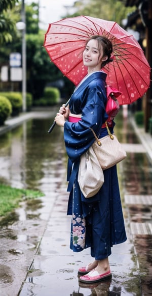 high school girl runing under the rain, holding shoes and bag, wet uniform, wet hair, no raincoat, no umbrella, rain drop, water splash, from_front_view,all body,see-through ,seethru,zzenny_n,hand holding umbrella,wearing kimono