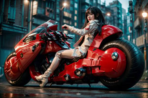 (Realistic, Photorealistic: 1.3), Original, Masterpiece, 16K, High Contrast, (Highest Resolution Illustration), Photorealistic: 1.3, Side Light, ((Exquisite Details and Textures)), Cinematic Shot, Ultra Realistic Photo, Siena Natural Proportions, Full Body View, ((Long White Hair, Bangs)), ((1 Girl on a Blue Motorcycle, Wearing a Tight Red and White Leather Jacket)), Detailed Face, Abdomen, ((Kaneda Motorcycle in Perfect Detail)), (AKIRA), Cyberpunk City at Night, ((Futuristic)), sprbk,Detailedface