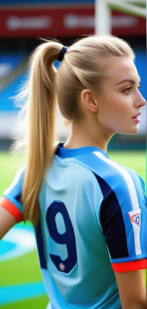 a pretty female soccer player making the winning goal, long pony tail hair, blonde hair, 20 years old, logo of sponsors on her top, on a soccer field, ultrarealistic details,  ((full body shot)),zdyna_pose,Sports ,woman_nr1, details face, big blue eyes, perfect face , perfect body