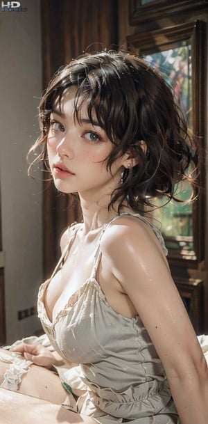 best quality, masterpiece, beautiful and aesthetic, 16K, (HDR:1.4),(Bright and intense:1.2), 	 ,best quality, highres, Maska, solo, black hair, browneyes, short hair, earrings,large breasts,comic style,Sexy Pose,dream_girl