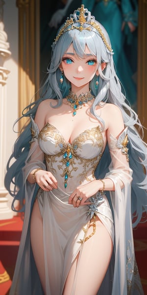 Very beautiful and charming girl, tender smile, silver long hair. She wears a very fancy and chaste princess outfit (Beautiful and elegant princess dress, silver tiara, elengat golden hairpin, beatiful earrings, elegant jewelry). Beautiful skin. Beautitul and detailed eyes. cyan eyes. Her eyes shine, her hair looks nice and shines too. Himecut hairstyle, golden earrings, shining golden hairpin. She's walking in the palace. Sunny day. That feminine beauty is present in her.