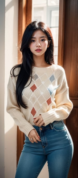 Lovely cute young attractive indian  girl, 35 years old, cute, Instagram model, long black_hair, colorful hair,  They are wearing a white, patterned sweater and blue jeans. The background is bright, with sunlight streaming in through windows or open doors.  , indian ,Girl