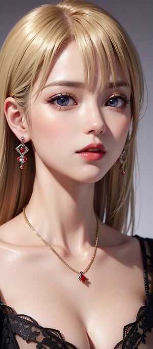 midjourney_whisper_innocent_eyes, closeup portrait of stunningly beautiful Japanese woman, blonde hair, dark eyeshadow, make-up, red lips, long dark hair, earrings, necklaces