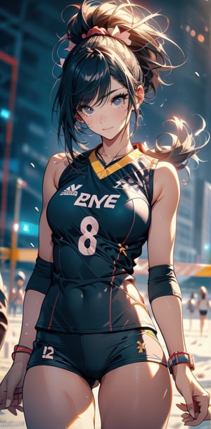 Paris Olympics, (((beach volleyball)))
anime style beautiful woman, 1girl, (ponytail), black hair, (long hair), 
Slender, skinny, (turime), thick eyebrows, 
volleyball uniform, (wet), tight_clothes, 
Olympic Stadium, ((beach)), sand, valleyball net, 
vibrant colors, sharp focus, best quality, depth of field, cinematic lighting, (illustration, 8k CG, extremely detailed), ultra-detailed, high resolution, firefliesfireflies, perfect light, 
8k, very clear, highest quality, high resolution. best quality, illustration, sax blue, 1girl, cute, (dynamic lighting:1.2), cinematic lighting, delicate facial features, detailed eyes, sharp pupils, realistic pupils, depth of field, bokeh, sharp focus, (hyper-detailed, bloom, glow:1.4), many small gems,girl,Midjourney,volleyball uniform