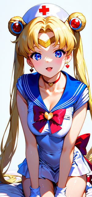 score_9, score_8_up, score_7_up,source_anime, high res image,masterpiece,best quality,girl,cute face,clear skin,shiny hair,ultra detailed eyes,simple background, 20 years girl,  sexy pose, sailor moon, short white dress, nurse cap
