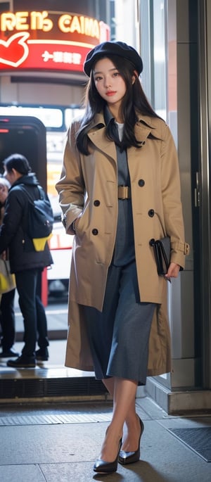 mirai, In the bustling heart of Tokyo, a stylish Japanese woman stands under the vibrant neon glow of the iconic Tokyo Station, her fashionable outfit showcasing an elegant blend of modern trend and traditional influence. She wears a chic navy-blue trench coat, cinched at the waist, over a delicate floral-patterned dress that flows just above her knees. catches the faint light of the early evening, while a matching beret adds a touch of Parisian flair. Surrounding her, the lively sounds of the city create a symphony of urban life—distant chatter, the rhythmic clatter of heels on the pavement, and the occasional whoosh of passing trains. The scent of takoyaki from a nearby street vendor mingles with the crisp air, punctuating the atmosphere with a hint of savory delight. As she checks her watch, her eyes scan the crowd with a sense of anticipation and excitement, reflecting the vibrant pulse of the metropolis around her. In the background, illuminated billboards flash dynamic advertisements, casting colorful reflections on the polished surface of the station’s entrance. The scene is alive with energy, capturing the essence of modern urban life—where tradition beautifully intertwines with the fast-paced modern world. As she waits, a gentle breeze stirs, causing her coat to flutter softly, while a faint smile appears on her lips, hinting at the thrill of the arrival she eagerly awaits.