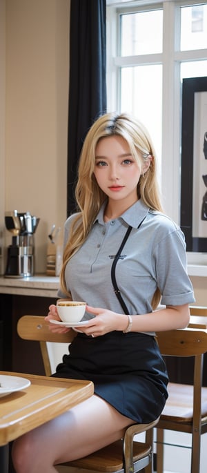 Photorealistic photography of Café environment, with a young 18 years old waitress, blonde hair, in a stylish uniform.