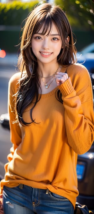 1girl, american, solo, long hair, looking at viewer, smile, brown hair, shirt, long sleeves, jewelry, upper body, outdoors, sky, teeth, pants, necklace, grin, blurry, sweater, lips, hands up, blurry background, denim, jeans, realistic, orange shirt, orange sweater