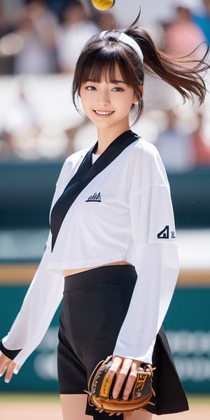 score_9, score_8_up, score_7_up, masterpiece, best quality, high resolution, 1 girl, solo, Korean girl, looking at viewer, upper body, reality, long hair, black hair, bangs, big breasts, white T-shirt, black sports shorts, standing, smiling, (Holding the baseball :1.3), in a crowded sports stadium,white sports bra,hip vent,thong,ruanyi0798,black shorts,realistic,1girl,black skirt,m1ngstyl3d,long sleeves,white shirt,sleeves past wrists,smoking girl,Explosive dust