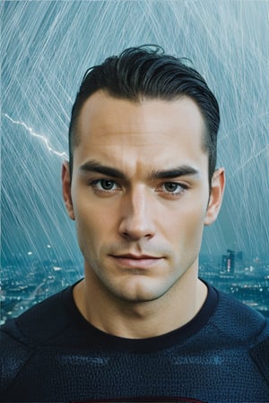 Photorealistic, Superman, facial portrait, sexy stare, smirked, bald, flying through the sky, city below, cloudy sky, lightning, 