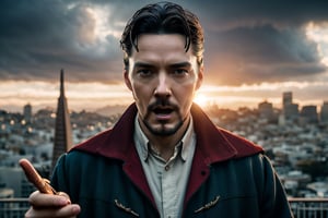 Photorealistic, Marvel's doctor strange, facial portrait, chanting, cloudy sky, san Francisco city skyline, 