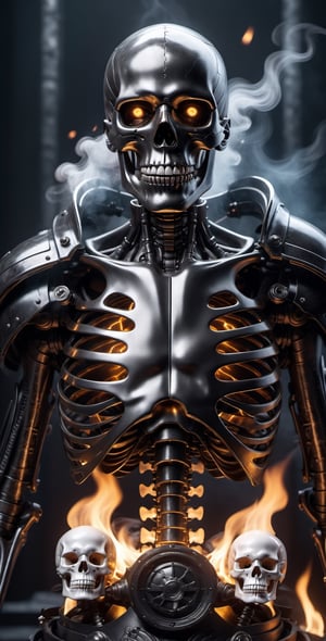 A Skeleton wearing dark warn out Armor holding dark skull sicle, using black magic surrounded by Black smoke evil smile burning eyes Gothic Horror Fantasy, cyborg style,6000,cyberpunk style,cyborg, scary eyes