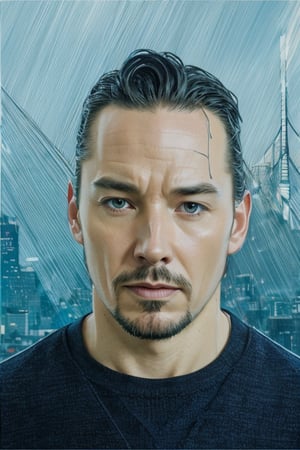 Photorealistic, Marvel's doctor strange, facial portrait, chanting, cloudy sky, san Francisco city skyline, 