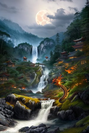 chinese Dragon, desolate, intricately detailed, artistic lightning, , beautiful, amazing, highly detailed, digital art, sharp focus, background forrest , waterfall  , big moon