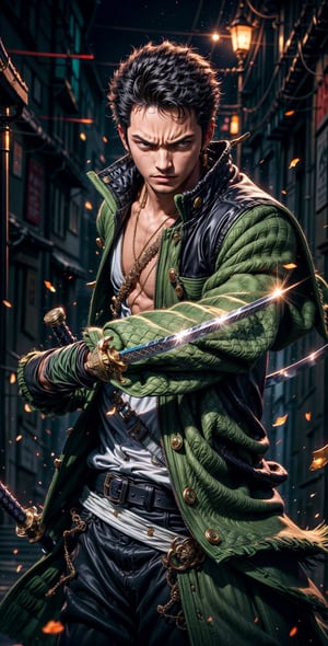  Roronoa Zoro, the iconic character from the One Piece anime:

"Generate a striking and highly detailed visual representation of the legendary swordsman, Roronoa Zoro, from the One Piece anime. Zoro is known for his distinctive appearance and formidable skills.

His hair is a vibrant shade of green, complementing his determined brown eyes. He stands tall and resolute, exuding an air of strength and unwavering determination. Zoro is clad in his signature green outfit, complete with a white haramaki and a bandana.

In his skilled hands, he wields not one but two katana swords, each one unique and finely detailed. The swords should be a reflection of his mastery and the essence of his character.

This image should capture the essence of Zoro's iconic appearance, showcasing his powerful presence and his status as one of the most beloved characters in the One Piece series." Photographic cinematic super super high detailed super realistic image, 8k HDR super high quality image, masterpiece,perfecteyes,zoro, ((perfect hands)), ((super high detailed image)), ((perfect swords)), dynamic pose