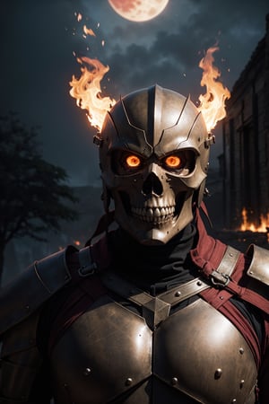 skeleton, wearing fantasy armor ,dark night, red moon, black mist , cinematic light, fire from eyes, detailed face, 