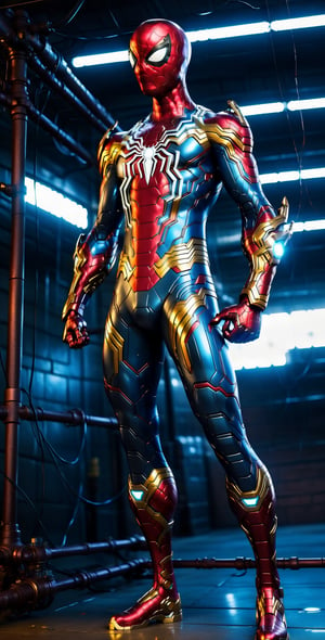 A Hi-Tech cyberpunk style Spider-Man suit, Custom design, shining body, glowing look, full shining suit, body, hues.,steampunk style,cyberpunk style,mecha, perfect custom Hi-Tech suit, holding glowing lightning sword, weapon master, 