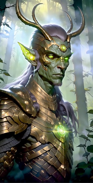 portrait of a glowing cyborg leshy, cinematic light, looking to the side off camera, backlight glow, green gold, mist, by mikhail vrubel, by philippe druillet, by peter elson, by gerald brom, muted colors, extreme detail, trending on artstation, 8 k screaming chucky doll mf doom reptile eyes, metal led skin. intricate, elegant, highly detailed, centered, digital painting, artstation, concept art, smooth, sharp focus, illustration, artgerm, tomasz alen kopera, peter mohrbacher, donato giancola, joseph christian leyendecker, wlop, frank frazetta