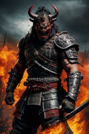 Full shot, 2man, monster (male:1.1), solo, red skin, ((Oni, demon, fangs:1.2)), solo, upper body, looking down, detailed background, detailed face, (post-apocalyptic dark dystopian theme:1.1), samurai, French lilac samurai clothing, samurai helmet, angry, bushido, banner in background, cinematic atmosphere, ((masterpiece)), ((best quality)), (ultra-detailed), (photorealistic), ((extremely detailed CG 8k wallpaper)), HDR