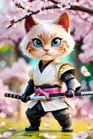 Amazing detailed photography of a cute adorable samurai kitten holding Katana with 2 paws, Cherry Blossom Tree petals floating in air, high resolution, piercing eyes,lifelike fur, Anti-Aliasing, FXAA, De-Noise, Post-Production, SFX, insanely detailed & intricate, hypermaximalist, elegant, ornate, hyper realistic, super detailed, noir coloration, serene, 16k resolution, full body,
