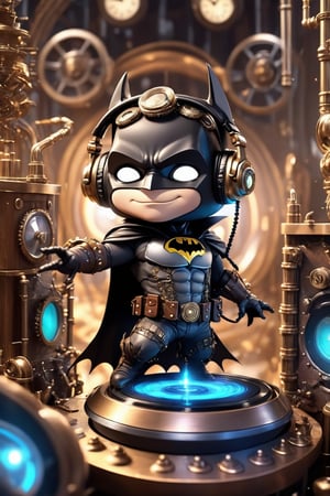 Best quality, high-res photo, steampunk style batman DJ the night club, high-detailed, plays DJ instrument so passionly, steampunk style, chibi, DJ instrument, gears panels,  DJ headphone , crowd background, sparks, sparkling, 3d style,chibi