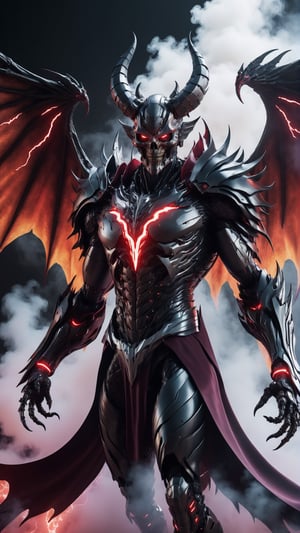 (((Top Quality: 1.4))),(Unparalleled Masterpiece),(Ultra High Definition),(Ultra-Realistic 8k CG), cyborg Satan,half body image,(Action Pose: 1.4), ((horror )), l, highly detailed clothes, ((in  dark )), large devil's wings , big body, ray tracing, with eerie white light penetrating and gradient shadows , (magic mysterious background, glowing particles, ethereal fog, faint darkness), hyper realistic cover photo awesome full color, Cinematic, (hyper detail: 1.2), adds depth to images with backlight effect, perfect anatomy,cyborg style,vaporwave style