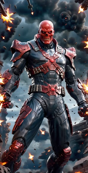 "Visualize Red Skull, the sinister villain, donning a Hi-Tech suit of armor that marries his malevolence with advanced technology. In his hand, he grips a futuristic, lethal Hi-Tech gun, ready to unleash devastation. The scene is set against a backdrop of explosive chaos, underscoring the volatile and treacherous nature of his ambitions." Full body, 