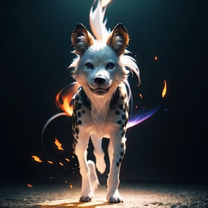 animal, solo, wild_dog, silver_fur, silver_eyes,  silver_flames, light_particles, wallpaper, chromatic_aberration, non_animal, full_body