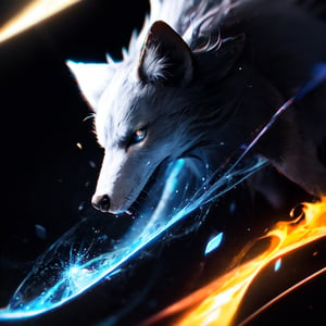 animal, solo, wild_dog, silver_fur, silver_eyes,  silver_flames, light_particles, wallpaper, chromatic_aberration, non_animal, full_body