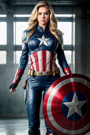 RAW full body photo, a full body portrait photo of Kate Upton as Captain America futuristic latex female Captain America costume, natural skin, 12k uhd, high quality, film grain, Fujifilm XT3, blonde hair wavy