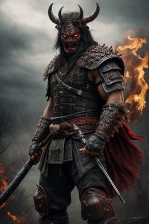 Full shot, 2man, monster (male:1.1), solo, red skin, ((Oni, demon, fangs:1.2)), solo, upper body, looking down, detailed background, detailed face, (post-apocalyptic dark dystopian theme:1.1), samurai, French lilac samurai clothing, samurai helmet, angry, bushido, banner in background, cinematic atmosphere, ((masterpiece)), ((best quality)), (ultra-detailed), (photorealistic), ((extremely detailed CG 8k wallpaper)), HDR