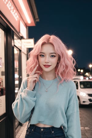 A beautiful Ukranian model, happpy face, cute, sharp light blue eyes, sharp face, highly detailed, short wavy black and pink gradient hair, in paris, nighttime, enjoying, modern clothes