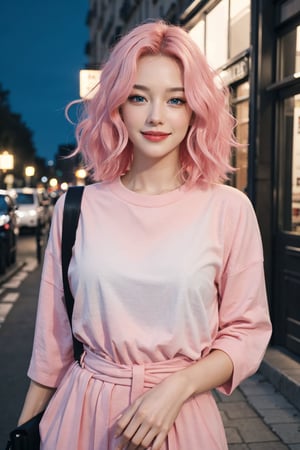 A beautiful Ukranian model, happpy face, cute, sharp light blue eyes, sharp face, highly detailed, short wavy black and pink gradient hair, in paris,  nighttime, enjoying, modern clothes, waist size photo