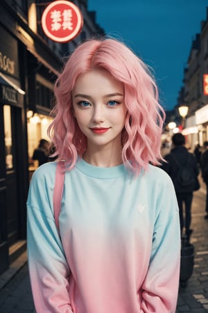 A beautiful Ukranian model, happpy face, cute, sharp light blue eyes, sharp face, highly detailed, short wavy black and pink gradient hair, in paris, nighttime, enjoying, modern clothes