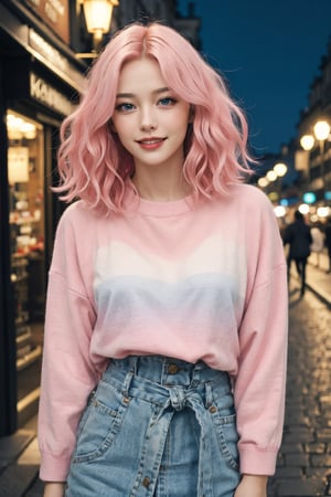 A beautiful Ukranian model, happpy face, cute, sharp light blue eyes, sharp face, highly detailed, short wavy black and pink gradient hair, in paris,  nighttime, enjoying, modern clothes, waist size photo