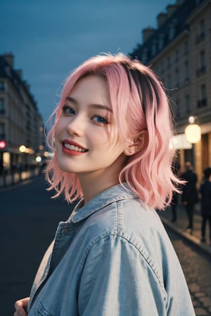 A beautiful Ukranian model, happpy face, cute, sharp light blue eyes, sharp face, highly detailed, short wavy black and pink gradient hair, in paris, nighttime, enjoying, modern clothes