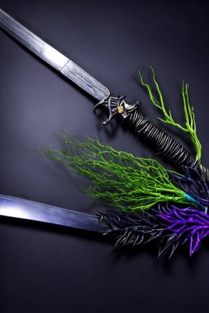 (masterpiece, best quality, high resolution),  lora:shodan-10:0.6, , dark purple theme, shadow theme, smoke theme, neon, neon colors, glowing sword, levetating upright sword, magnetic aura making sword float in the air, purple and black glowing colored aura around sword, small rocks levetating around sword, smoke around sword, swirls of energy throughout sword, crystal see through sword, chipped sword, cracks in sword, 12k, realistic, ultra realistic, detailed, ultra detailed, dark background, old decreptic cavern with overgrown vines and trees, small rays of light through ceiling, ,CGgame weaponicon esw,CGgameweaponicon gsw,phcrystal, handle at bottom center of photo, blade upward, full sword in photo, full frame, 