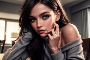 breasts on table, long hair,  looking at viewer, closed mouth, 1girl, sweater, ribbed sweater,  turtleneck sweater, smile, grey eyes,  silver earrings,  solo, upper body two side up,  breast rest, pov across table, long brown hair, black eye liner, dark red lips, 2 tiny / cute moles under left eye, blush, shirt falling off shoulder, pulling down her shirt, pulling her shirt down,  long sleeves, silver jewelry, hot pink bra, lora:breast_on_table:0.7, (realistic skin, eye focus, sharp focus, masterpiece,best quality, finely detailed,extremely detailed, extremely detailed face, realistic detail, clear_image,realistic, high_resolution,distinct_image), masterpiece, best quality, realistic, ultra high res, depth of field, (stunning lighting:1.2), (detailed face:1.2), (detailed eyes:1.2), (detailed background:1.2),  (masterpiece:1.2), (ultra detailed), (best quality), intricate, comprehensive cinematic, magical photography, (gradients), colorful, detailed landscape, visual key, shiny skin, 3DMM, perfecteyes, sexy tight clothes, bust, medium breasts, long hair, hair down to butt, makeup, finger bite, bite finger, bitting finger, shes bitting her finger, horny, orgasim, sensual, seductive, fuck me look, 