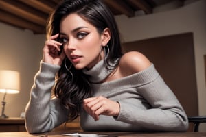 breasts on table, long hair,  looking at viewer, closed mouth, 1girl, sweater, ribbed sweater,  turtleneck sweater, smile, grey eyes,  silver earrings,  solo, upper body two side up,  breast rest, pov across table, long brown hair, black eye liner, dark red lips, 2 tiny / cute moles under left eye, blush, shirt falling off shoulder, pulling down her shirt, pulling her shirt down,  long sleeves, silver jewelry, hot pink bra, lora:breast_on_table:0.7, (realistic skin, eye focus, sharp focus, masterpiece,best quality, finely detailed,extremely detailed, extremely detailed face, realistic detail, clear_image,realistic, high_resolution,distinct_image), masterpiece, best quality, realistic, ultra high res, depth of field, (stunning lighting:1.2), (detailed face:1.2), (detailed eyes:1.2), (detailed background:1.2),  (masterpiece:1.2), (ultra detailed), (best quality), intricate, comprehensive cinematic, magical photography, (gradients), colorful, detailed landscape, visual key, shiny skin, 3DMM, perfecteyes, sexy tight clothes, bust, medium breasts, long hair, hair down to butt, makeup, finger bite, bite finger, bitting finger, shes bitting her finger, horny, orgasim, sensual, seductive, fuck me look, 