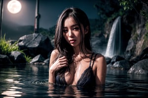 night, night time, dark, horny, wet skin, shiny skin, wet hair, wet breasts, wet clothes, covered nipples,  moonlight, lotus flowers floating on the water with small flames at its center,  night, night time, dark outside, moonlight, full frame, close up, bust shot, upper body, toned body, small waists, wet clothes, see through clothes, in a small cave,  in hot springs, steam rising from water, water falling into hot springs, lotus flowers floating that have small flames inside, playing in the water, flirting with viewer, water splashing all around girl, wet clothes, wet hair, wet body, water falling down body, water falling down breasts, playing with her breast, full frame, kneeling in water, looking at viewer, pulling on her shirt, pulling on her panties, [(1 Korean 19 yo girl), beautiful, gorgeous, sexy model, long layered black hair down to waist, sensual, horny, flirty, bite on her finger, biting on her finger, neon pink lingerie under clothes, silver jewelry, beautiful face, toned body, medium breasts, bust, hi-res blue eyes, long eye lashes, black eye liner, blush, dark pink lips, detailed face,] ,povbathinfront,REVERSE UPRIGHT STRADDLE,hands on own chest ,HeadpatPOV,Nurse